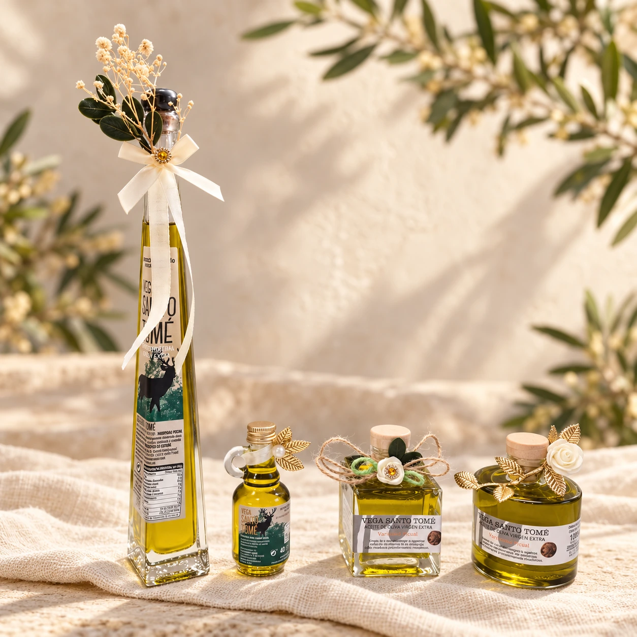Cuatro botellitas de AOVE decoradas con lazos y flores para bodas de Terra&Olivo
