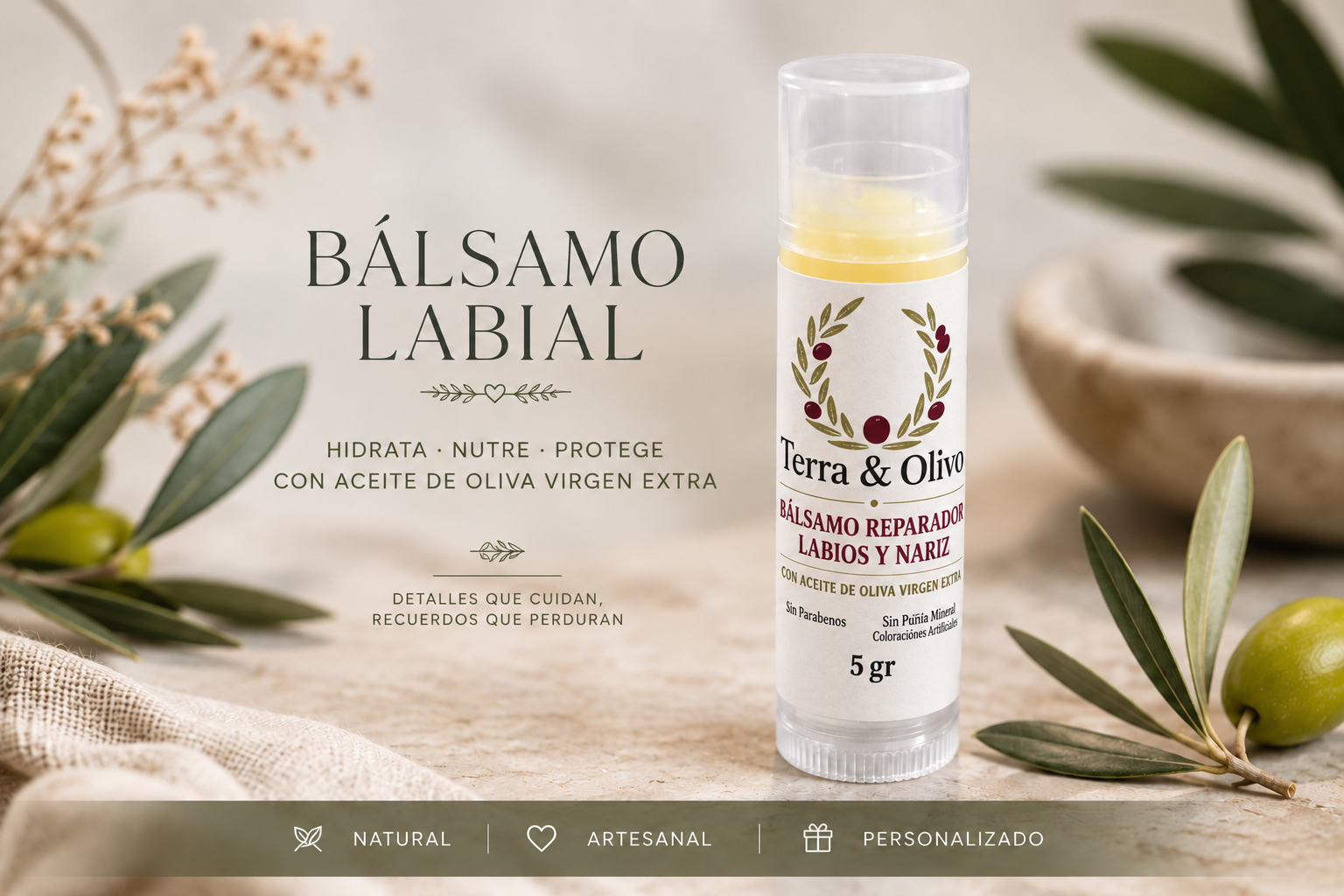 Bálsamo labial elaborado con aceite de oliva virgen extra